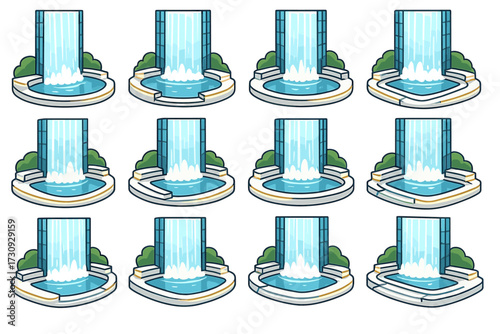 Cartoon waterfall variations with different pools and surroundings