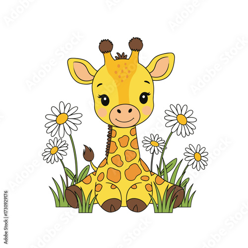 Cute cartoon baby giraffe sitting amongst daisies and grass isolated on white background