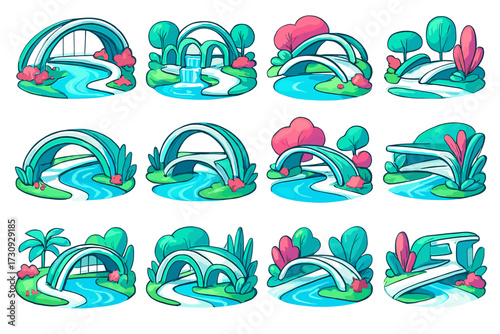 Colorful cartoon bridges spanning small streams in fantasy landscapes