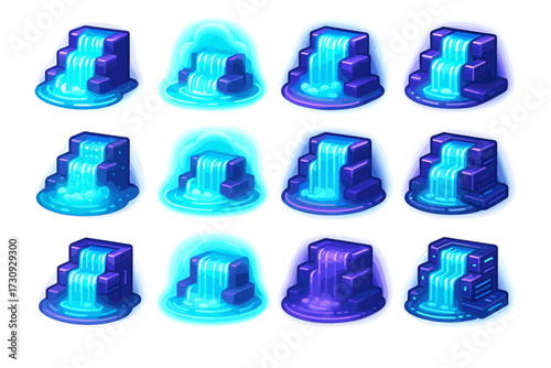 Collection of vibrant waterfall icons with glowing effects