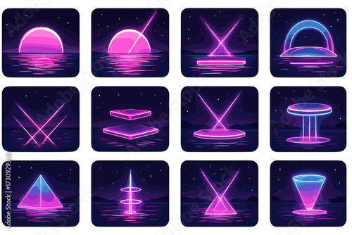 Futuristic neon shapes over water at night: retro synthwave vibes