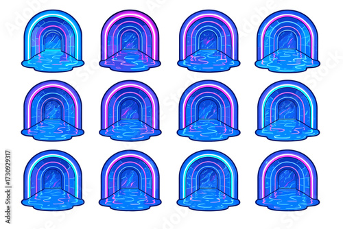 Vibrant neon archways with reflective water and gradient colors