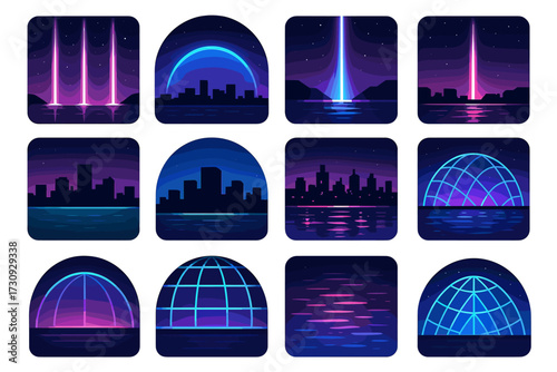 Futuristic cityscapes at night with neon lights and reflections on water