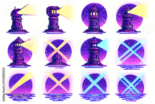 Stylized lighthouses with colorful beams against starry night background