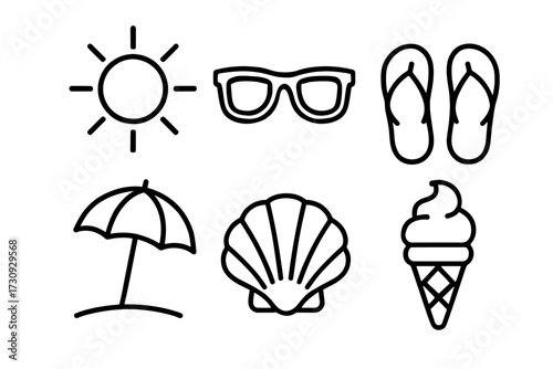 Summer icons: sun, sunglasses, flip-flops, umbrella, shell, ice cream