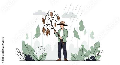 Conceptual illustration depicting environmental concern with withered tree in rain