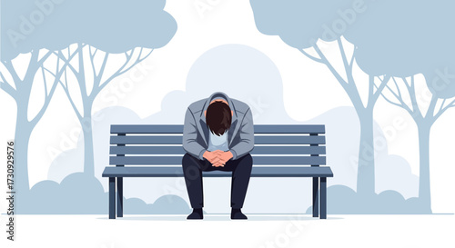 Conceptual illustration of a man with depression sitting on a park bench feeling sad and lonely