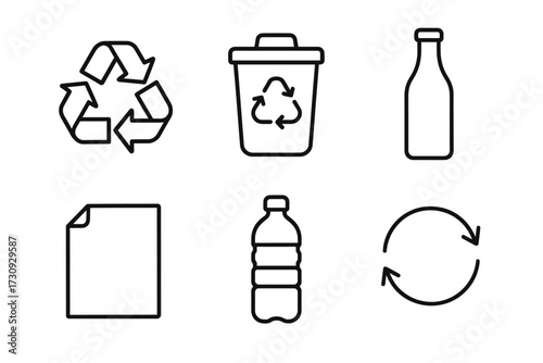Recycling symbols and bin icons for plastic and glass