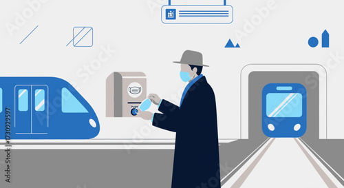 Conceptual illustration of a masked man in a subway station during the pandemic wearing protective