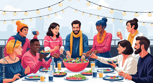 Diverse group of friends enjoying a rooftop dinner party with a vibrant salad spread and city view