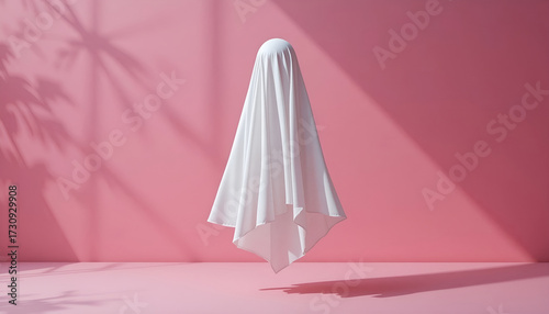 Minimalist sheet ghost floating with palm leaf shadow on vibrant pink background