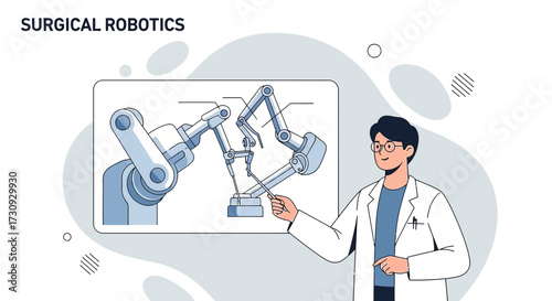 Doctor Explaining Surgical Robotics with an Illustration on a Screen Highlighting Innovation