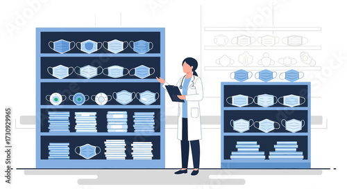 Doctor organizing and checking stock of medical face masks in hospital supply room for virus