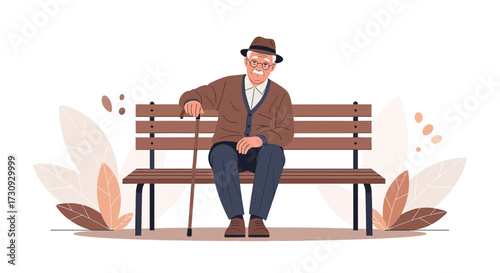 Elderly gentleman sitting pensively on a park bench enjoying peace and quiet outdoors
