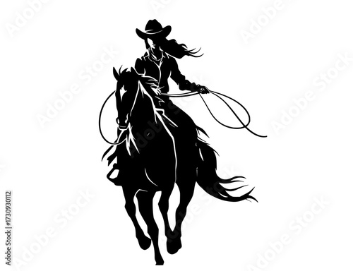 a silhouette of a cowboy riding a horse, holding a lassoblack, cowboy, cowboy hat, gun, horse, horseback, illustration, lasso, man, profile, ride, rope, sun hat, woman 