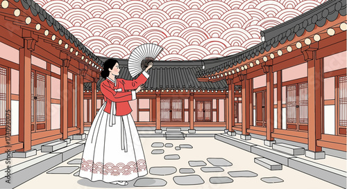 Elegant Korean woman in traditional Hanbok with fan in a historic courtyard scene