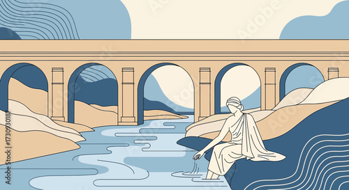 Elegant neoclassical illustration of a woman by a river with arched bridge and soft pastel color