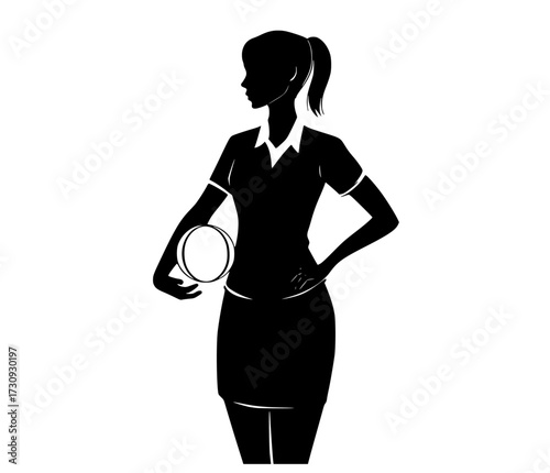 a silhouette of a woman in a business attire, holding a round objectblack, catch, dress, girl, hand, illustration, profile, stand, tennis racket, woman 