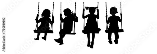 four silhouettes of children on swingschild, girl, profile, swing, swinge, woman 