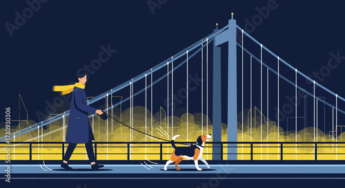 Evening stroll with a dog on a bridge with city skyline in the background illustration