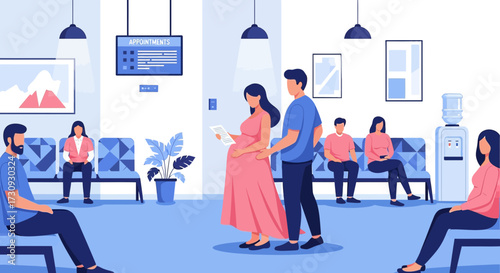Expecting couple at the doctor's office waiting area with patients and appointments board