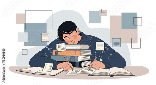 Exhausted student asleep on stack of books, overwhelmed by studying and academic pressure, flat