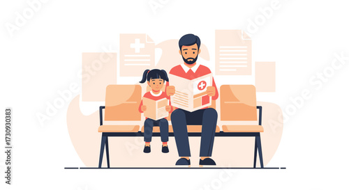 Father and daughter waiting for appointment in clinic reading health magazines together patiently