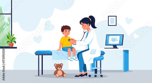 Female doctor examining a young boy patient with stethoscope in medical clinic scene
