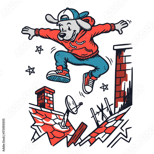 urban parkour cool dog wearing red hoodie and jeans on the rooftops, cartoon street style doodle