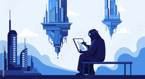 Futuristic cityscape artist creating architectural designs in a floating city concept