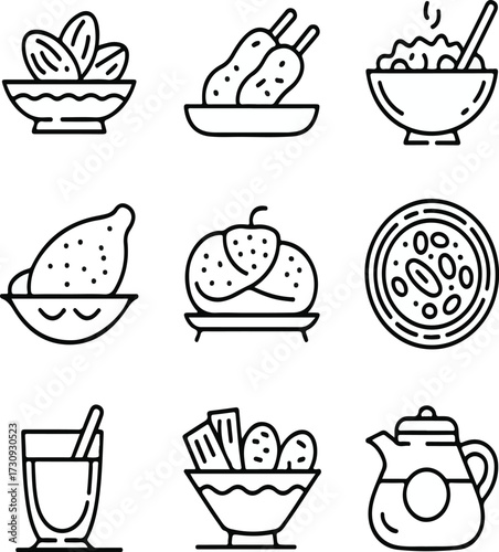 Ramadan food icon set with traditional iftar and suhoor dishes in hand-drawn illustrations
