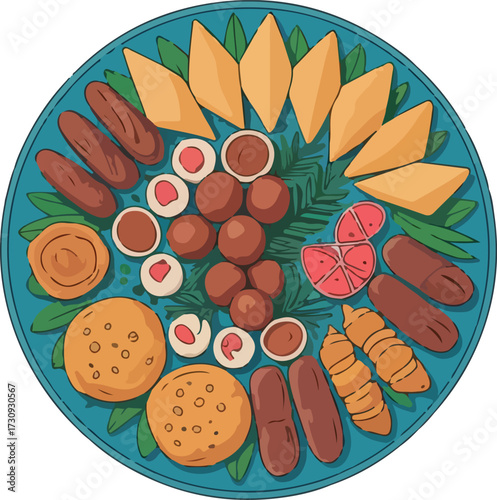 Ramadan iftar platter with delicious dates, sweets, and savory treats