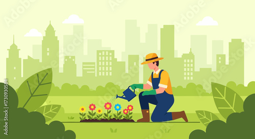 Gardener watering flowers in a city park illustration promoting sustainable gardening practices