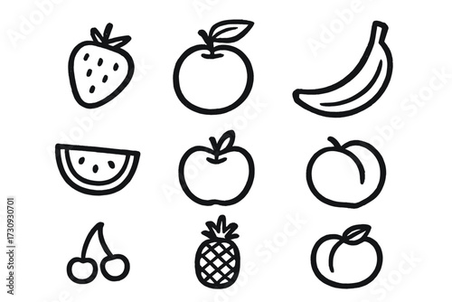 Colorful fruit illustrations featuring various designs of strawberries, apples, bananas, and more against a simple background