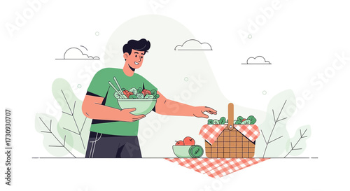 Healthy lifestyle illustration of a man preparing salad for picnic outdoors in summer days