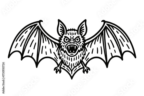 Angry bat with exaggerated features in flight over a dark background showcasing its sharp teeth and menacing eyes
