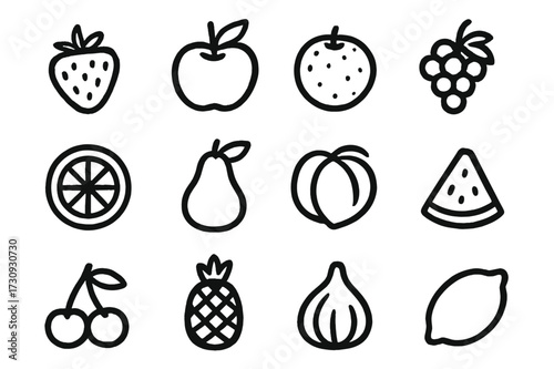 Fresh fruit icons in a simple design featuring strawberries, apples, oranges, and more on a light background