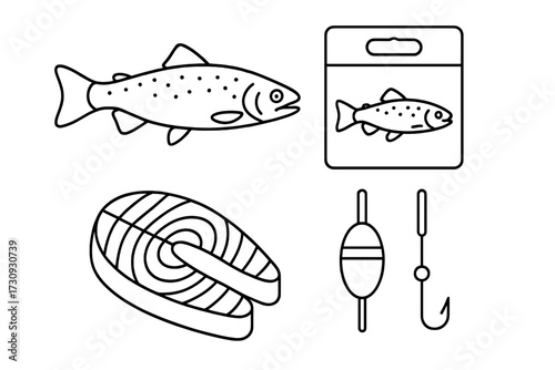 Fishing equipment and fish types displayed for outdoor enthusiasts and anglers during a sunny day at the lake