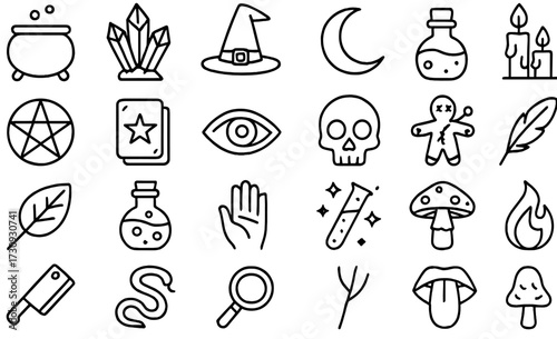 Magical symbols and icons in black and white for a mystical theme