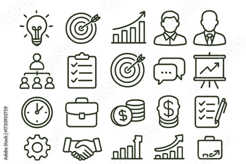 Business growth icons showcasing goals, planning, and teamwork in a professional setting