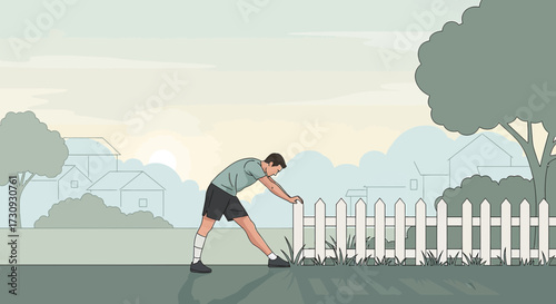 Illustrated Man Stretching Against a Fence in a Suburban Setting with Peaceful Morning Light