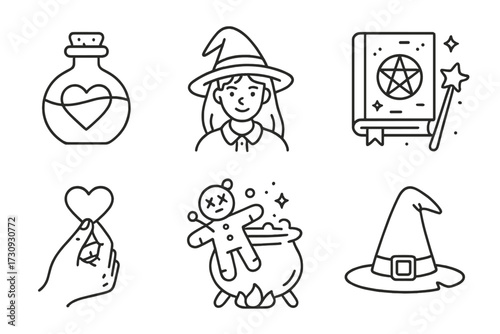 Halloween themed doodles featuring a witch, potion, spellbook, and other magical elements for festive creativity