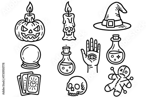 Halloween themed doodles featuring candles, potions, skulls, and other spooky symbols for festive celebrations