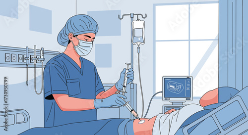 Illustration depicting a doctor performing a medical procedure on a patient in a hospital room