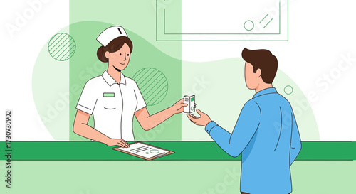 Illustration depicting a nurse handing a patient medication in a clinic setting showing healthcare