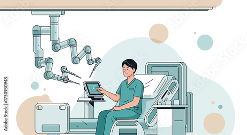 Illustration depicting a surgeon operating robotic arms in a modern operating room environment