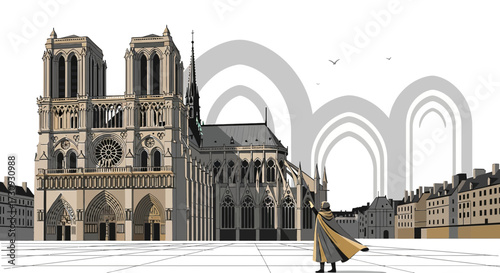 Illustration depicting Notre Dame Cathedral in Paris with a character wearing a cloak expressing