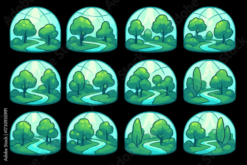 Lush cartoon landscape variations with trees and river in blue domes