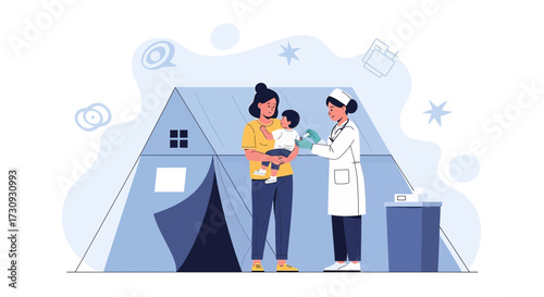 Illustration depicting pediatric vaccination in a camp setting with doctor and mother
