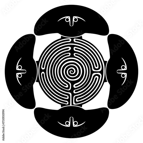 Creative design with a round spiral maze or labyrinth symbol and heads of ancient idols. Black and white silhouette. Neolithic stele from Linigiana, Italy. Cross shape mandala.